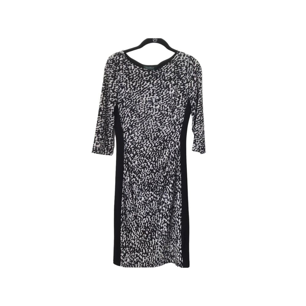 Lauren Ralph Lauren Dress Womens Size 6 White Black Animal Print 3/4‎ Sleeve